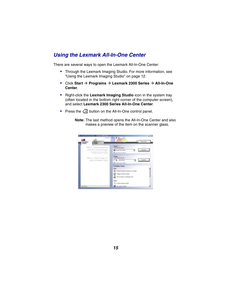 Using the lexmark all-in-one center | Lexmark 2300 Series User Manual | Page 15 / 77