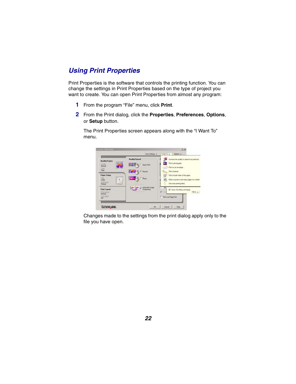 Using print properties | Lexmark 2300 Series User Manual | Page 22 / 77