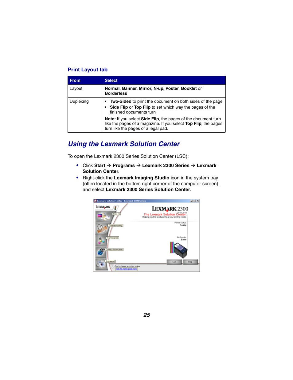 Using the lexmark solution center | Lexmark 2300 Series User Manual | Page 25 / 77