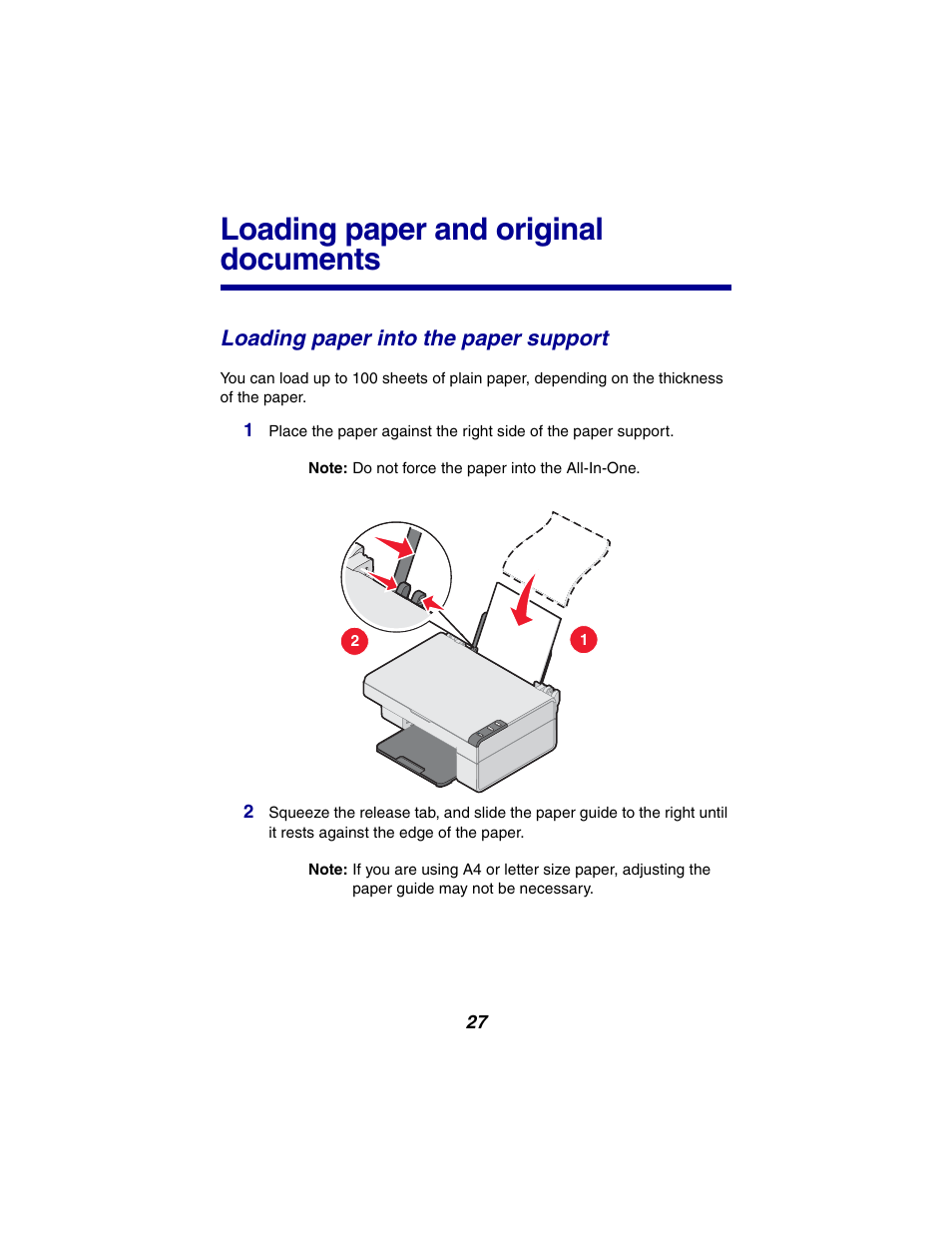 Loading paper and original documents, Loading paper into the paper support | Lexmark 2300 Series User Manual | Page 27 / 77