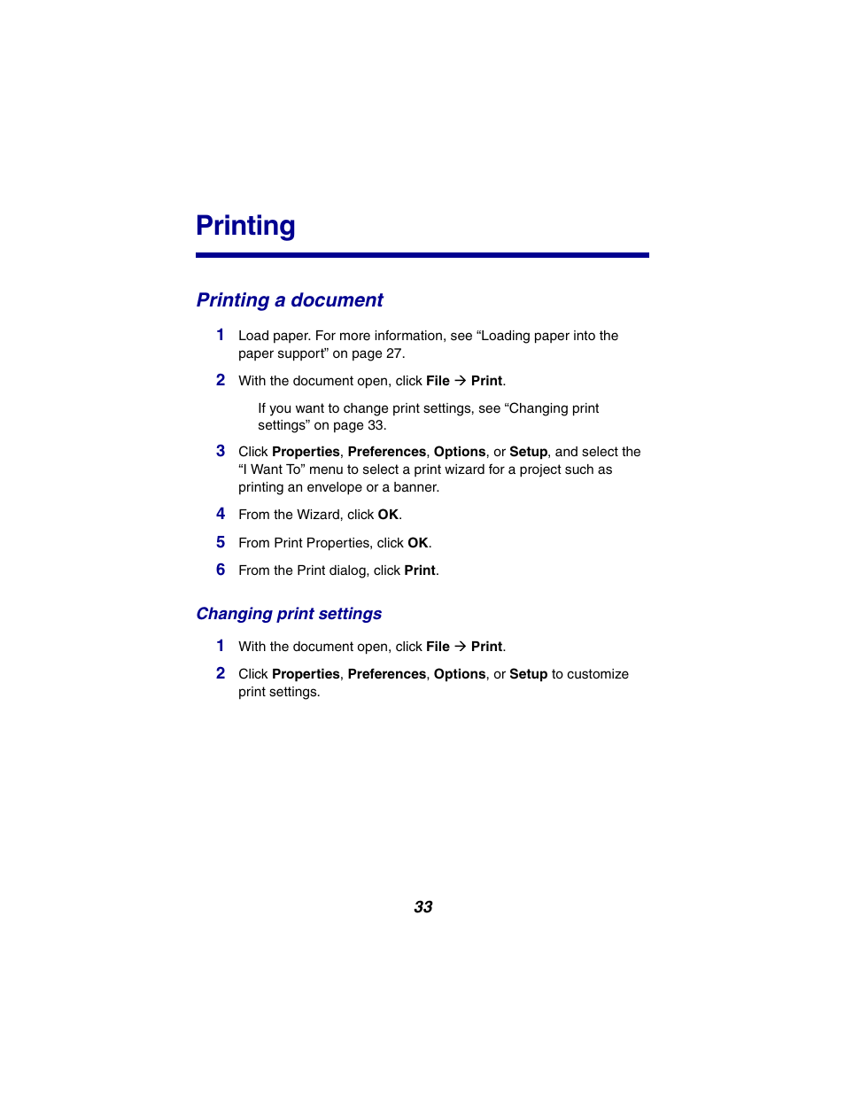 Printing, Printing a document | Lexmark 2300 Series User Manual | Page 33 / 77