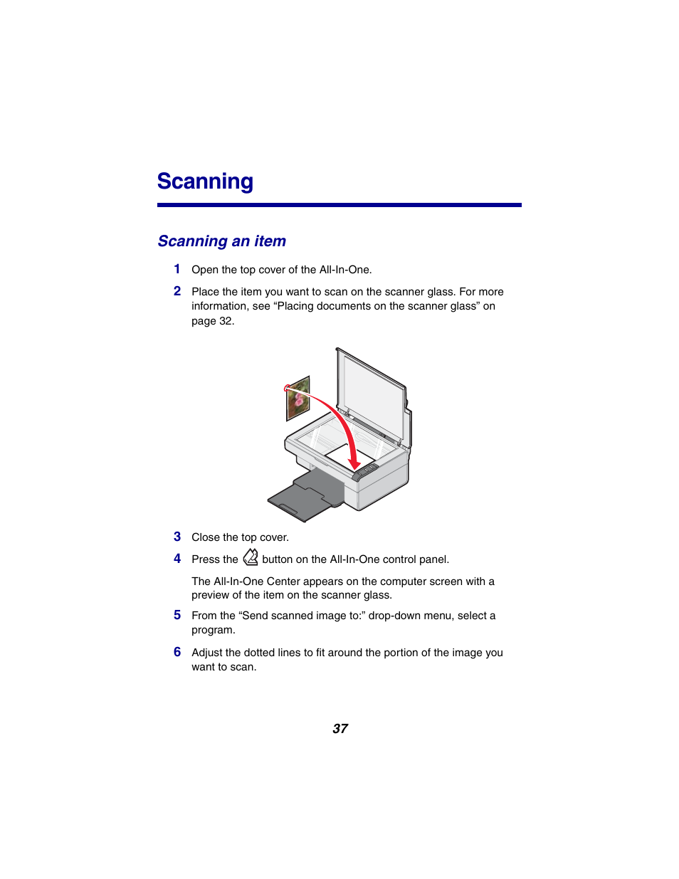 Scanning, Scanning an item | Lexmark 2300 Series User Manual | Page 37 / 77