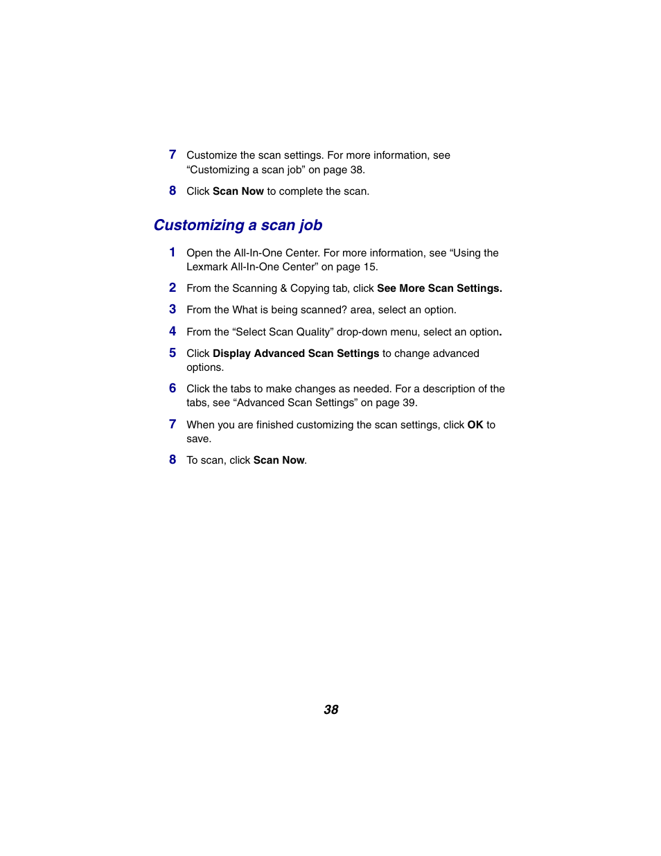 Customizing a scan job | Lexmark 2300 Series User Manual | Page 38 / 77