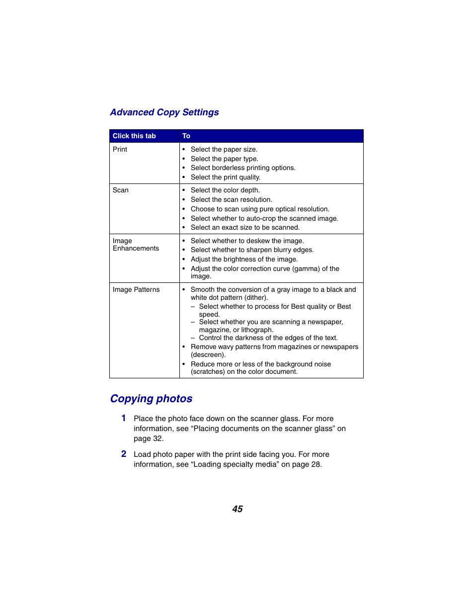 Copying photos | Lexmark 2300 Series User Manual | Page 45 / 77