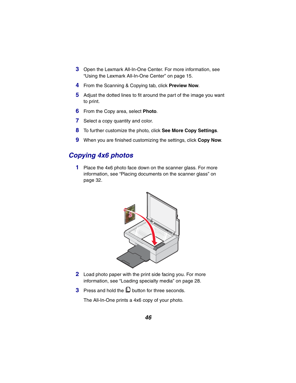 Copying 4x6 photos | Lexmark 2300 Series User Manual | Page 46 / 77