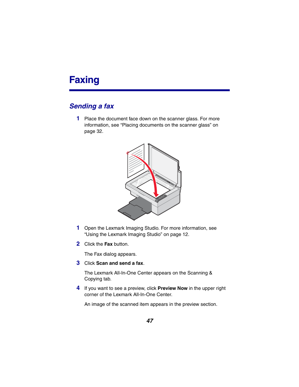 Faxing, Sending a fax | Lexmark 2300 Series User Manual | Page 47 / 77