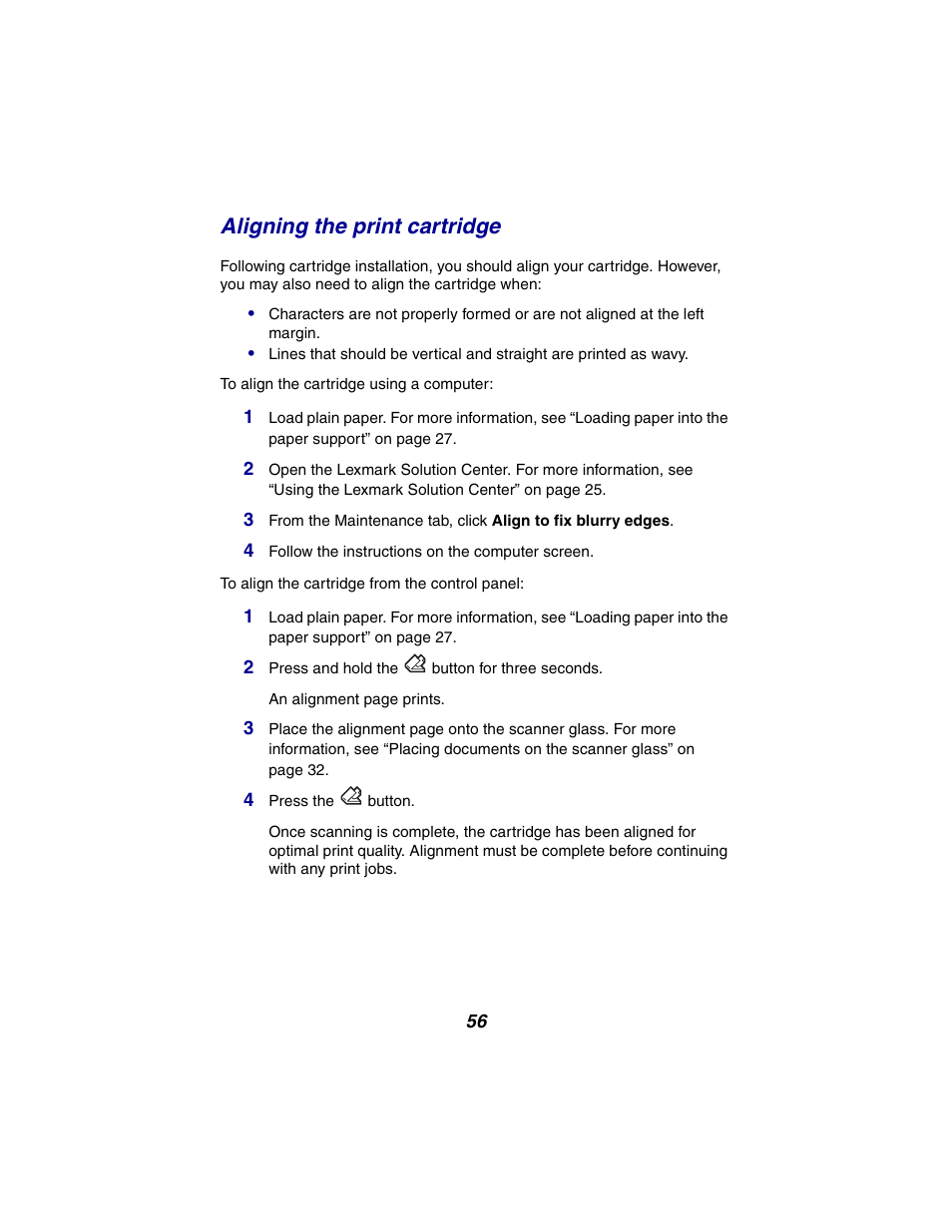 Aligning the print cartridge | Lexmark 2300 Series User Manual | Page 56 / 77