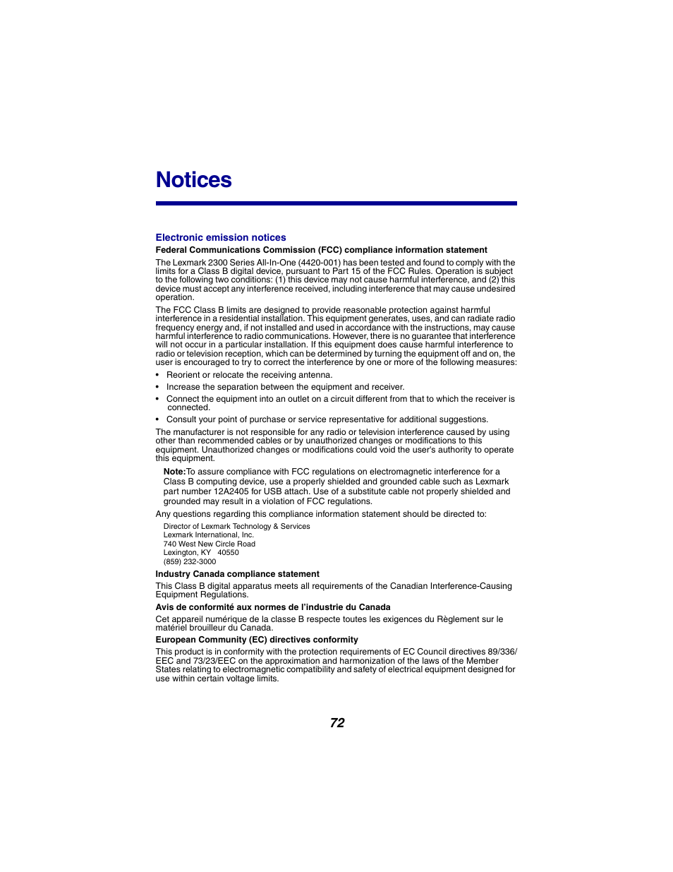 Notices | Lexmark 2300 Series User Manual | Page 72 / 77