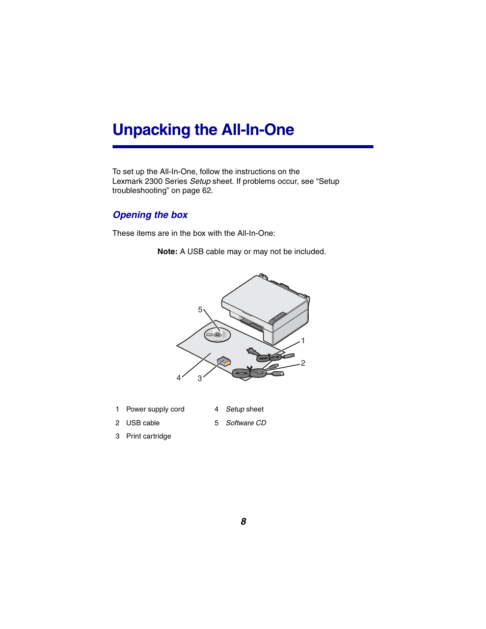 Unpacking the all-in-one | Lexmark 2300 Series User Manual | Page 8 / 77