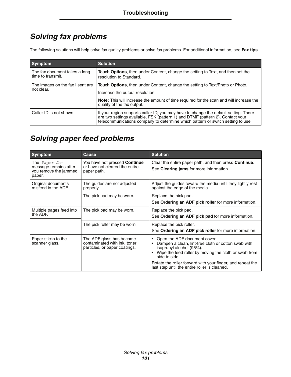 Solving fax problems, Solving paper feed problems | Lexmark C77x User Manual | Page 101 / 114