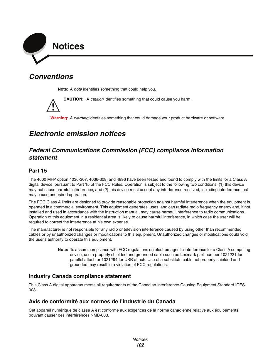 Notices, Conventions, Electronic emission notices | Lexmark C77x User Manual | Page 102 / 114