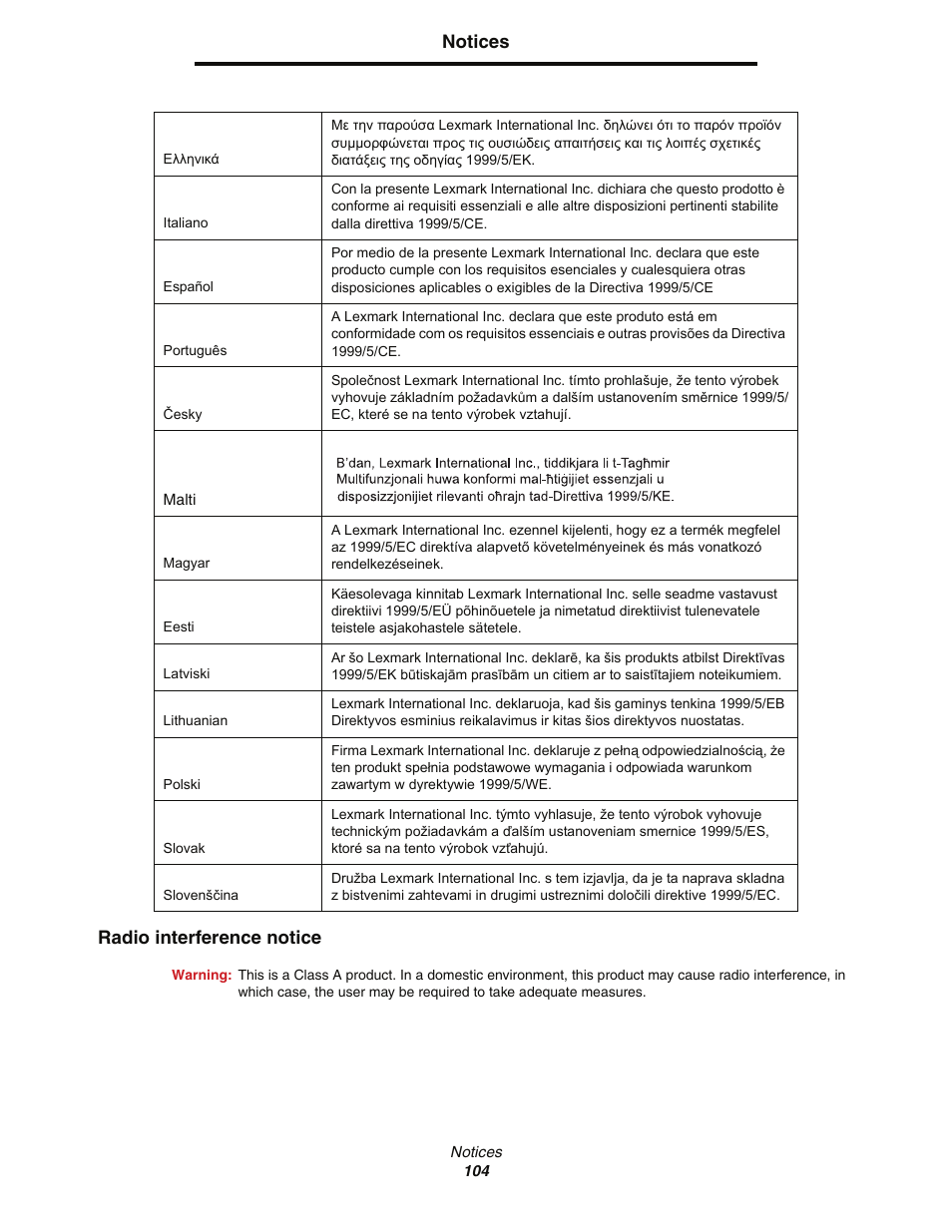 Notices radio interference notice | Lexmark C77x User Manual | Page 104 / 114