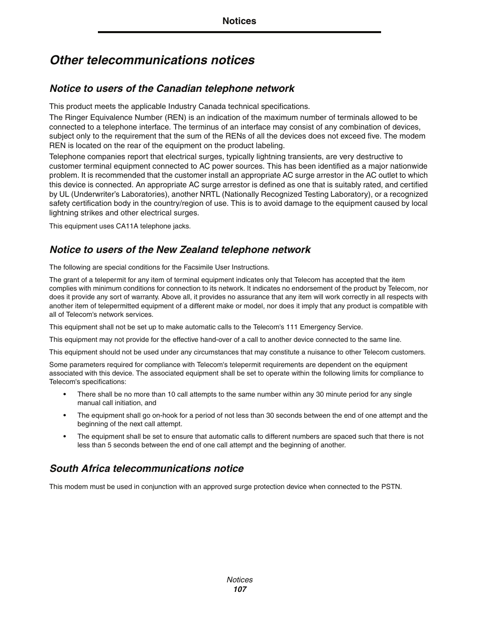 Other telecommunications notices, Notice to users of the canadian telephone network, South africa telecommunications notice | Lexmark C77x User Manual | Page 107 / 114