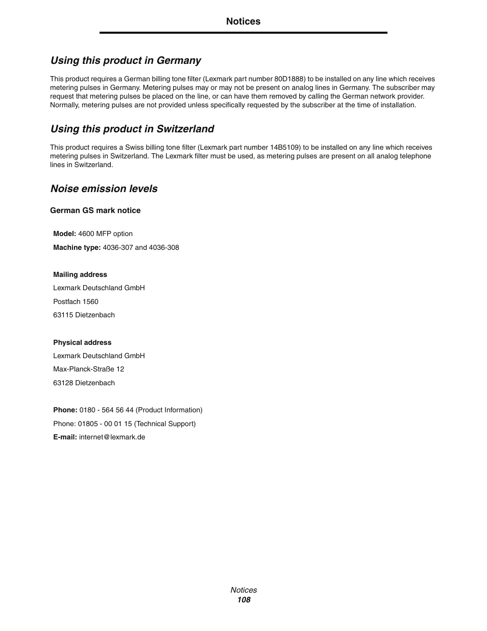 Using this product in germany, Using this product in switzerland, Noise emission levels | Lexmark C77x User Manual | Page 108 / 114