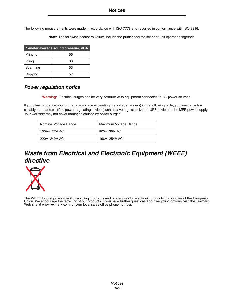 Power regulation notice | Lexmark C77x User Manual | Page 109 / 114