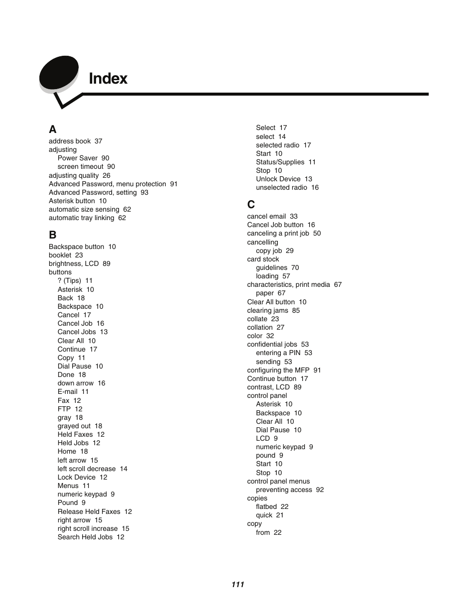 Index | Lexmark C77x User Manual | Page 111 / 114