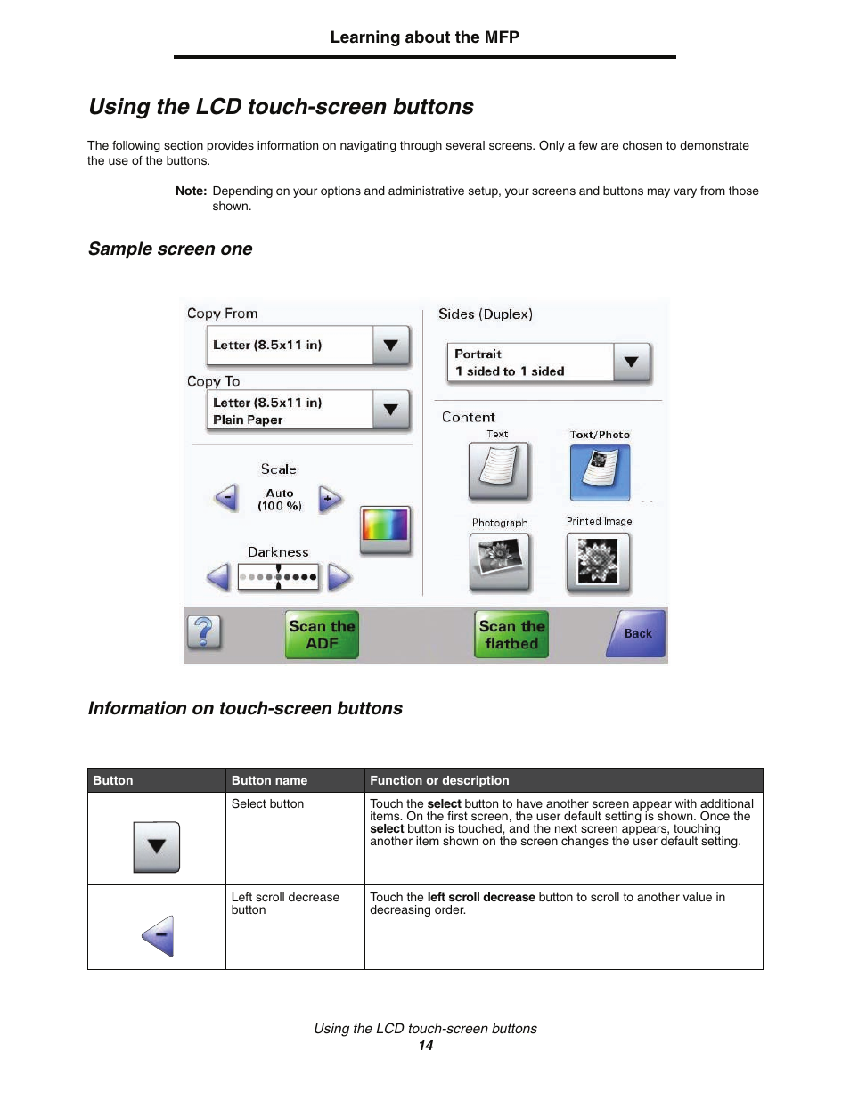 Using the lcd touch-screen buttons, Sample screen one, Information on touch-screen buttons | Lexmark C77x User Manual | Page 14 / 114