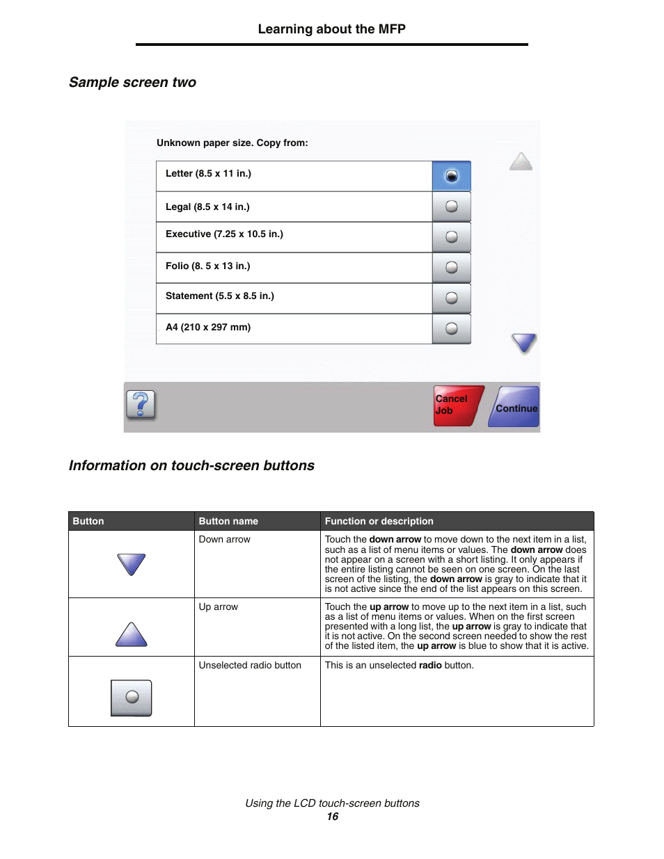 Sample screen two, Information on touch-screen buttons | Lexmark C77x User Manual | Page 16 / 114