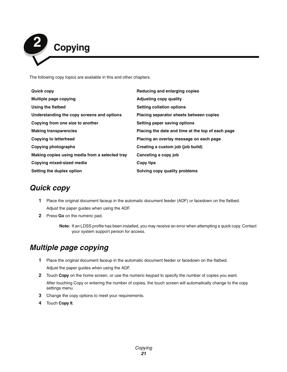 Copying, Quick copy, Chapter 2: copying | Multiple page copying | Lexmark C77x User Manual | Page 21 / 114