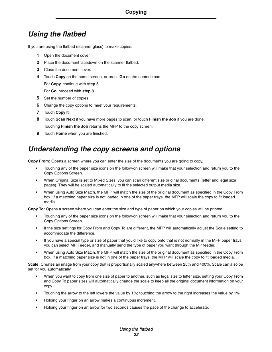 Using the flatbed, Understanding the copy screens and options | Lexmark C77x User Manual | Page 22 / 114