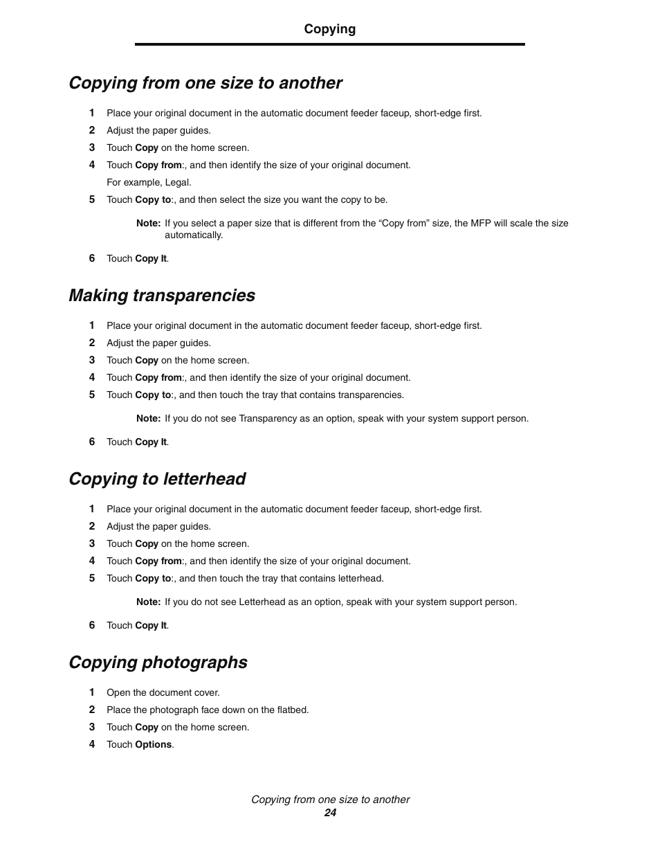 Copying from one size to another, Making transparencies, Copying to letterhead | Copying photographs | Lexmark C77x User Manual | Page 24 / 114