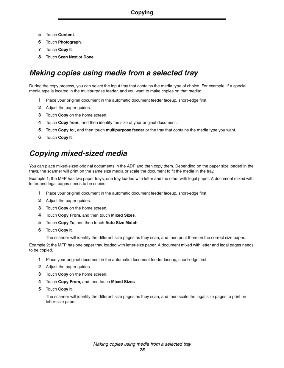 Making copies using media from a selected tray, Copying mixed-sized media | Lexmark C77x User Manual | Page 25 / 114