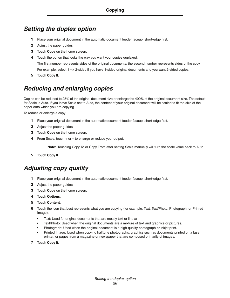 Setting the duplex option, Reducing and enlarging copies, Adjusting copy quality | Lexmark C77x User Manual | Page 26 / 114