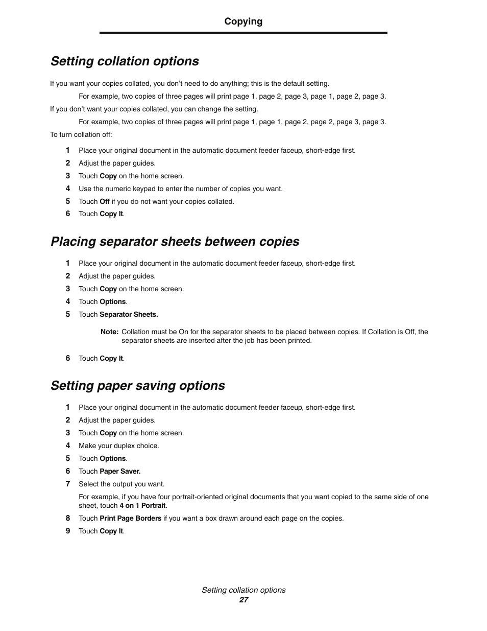 Setting collation options, Placing separator sheets between copies, Setting paper saving options | Lexmark C77x User Manual | Page 27 / 114