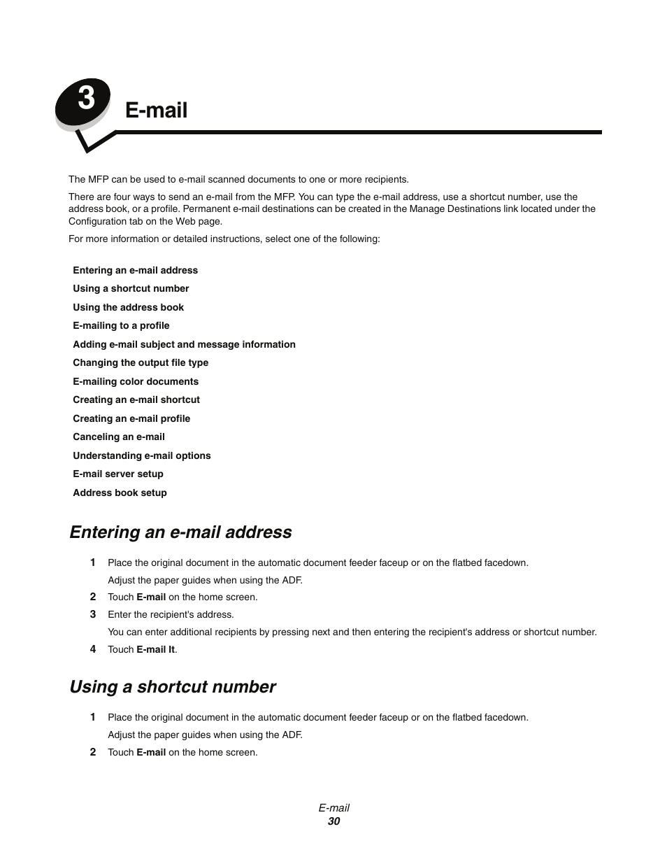 E-mail, Entering an e-mail address, Using a shortcut number | Chapter 3: e-mail | Lexmark C77x User Manual | Page 30 / 114