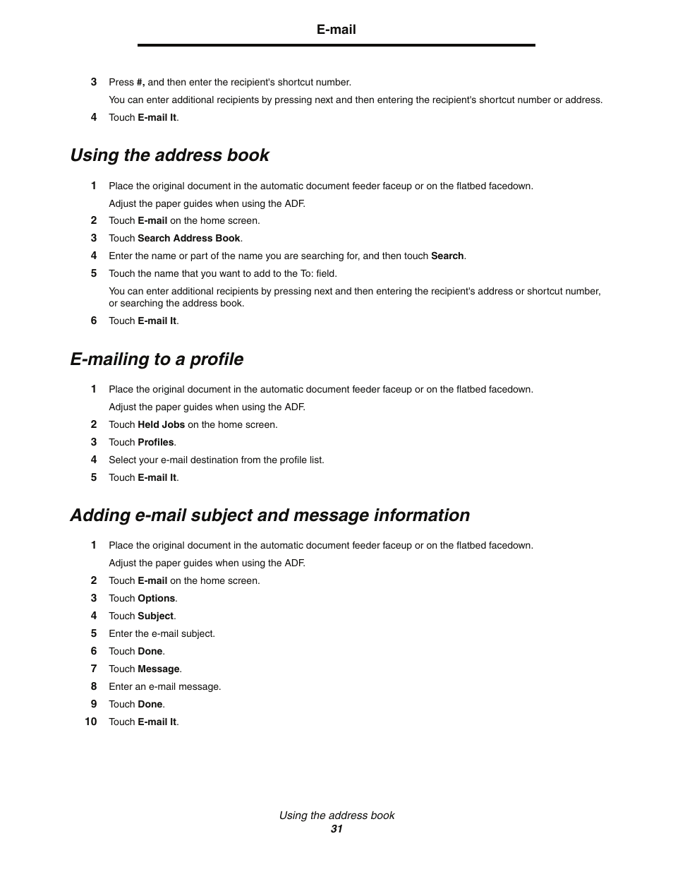 Using the address book, E-mailing to a profile, Adding e-mail subject and message information | Lexmark C77x User Manual | Page 31 / 114