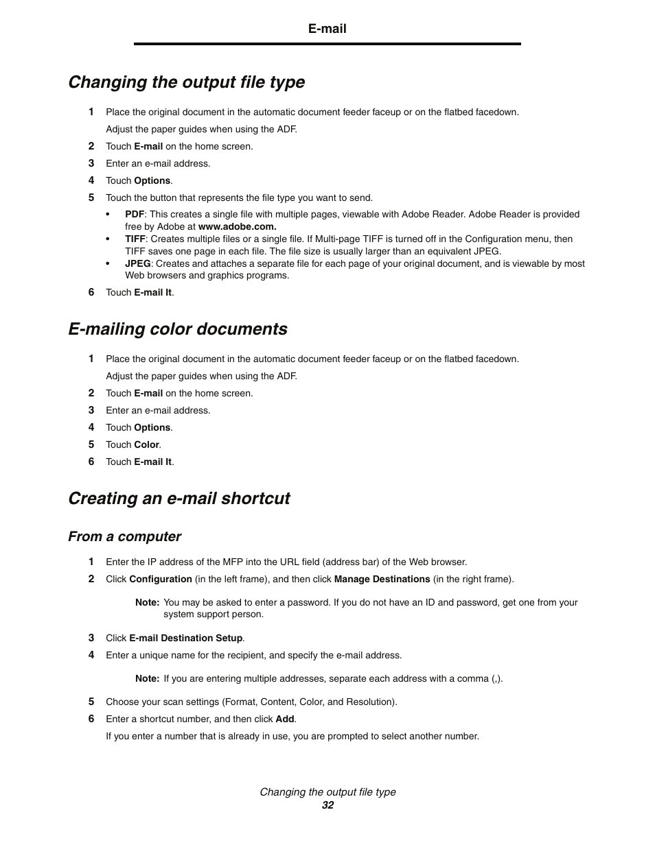 Changing the output file type, E-mailing color documents, Creating an e-mail shortcut | From a computer | Lexmark C77x User Manual | Page 32 / 114