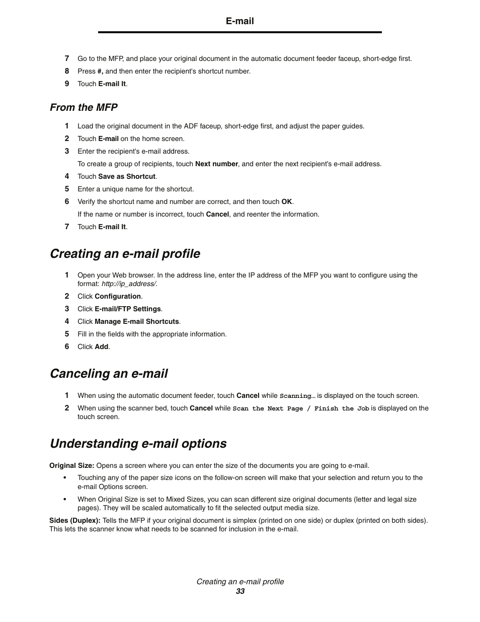 From the mfp, Creating an e-mail profile, Canceling an e-mail | Understanding e-mail options | Lexmark C77x User Manual | Page 33 / 114