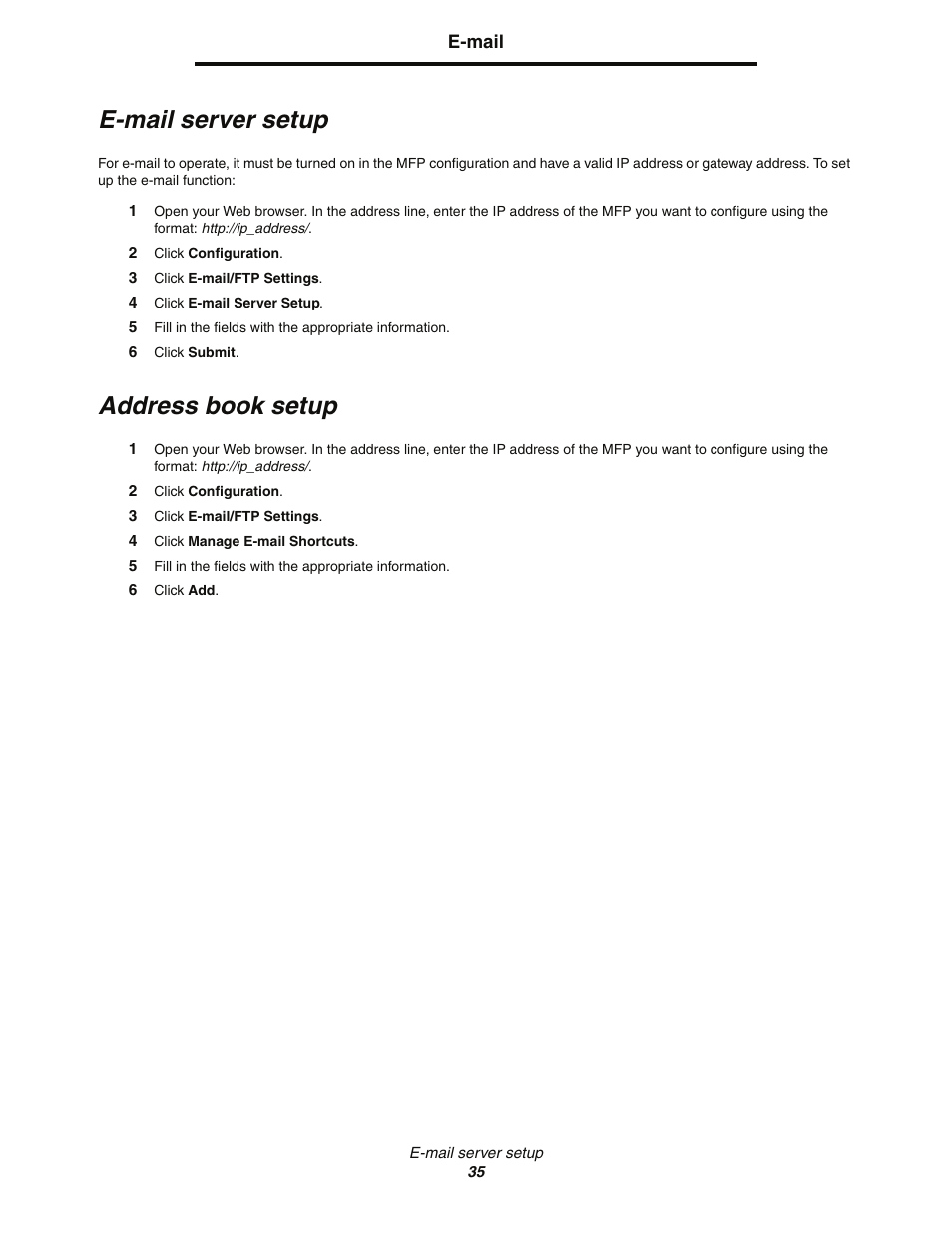 E-mail server setup, Address book setup | Lexmark C77x User Manual | Page 35 / 114