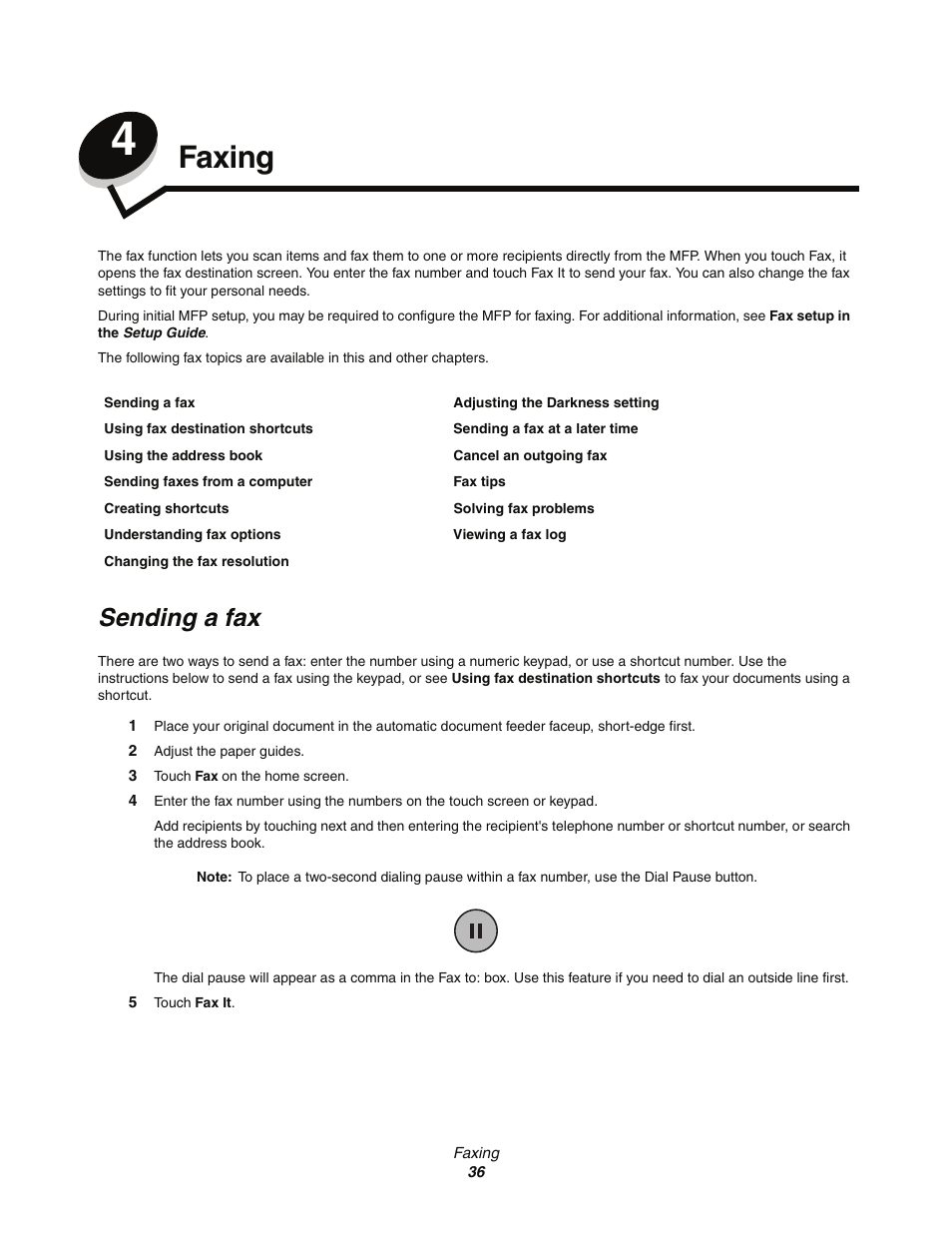 Faxing, Sending a fax, Chapter 4: faxing | Lexmark C77x User Manual | Page 36 / 114