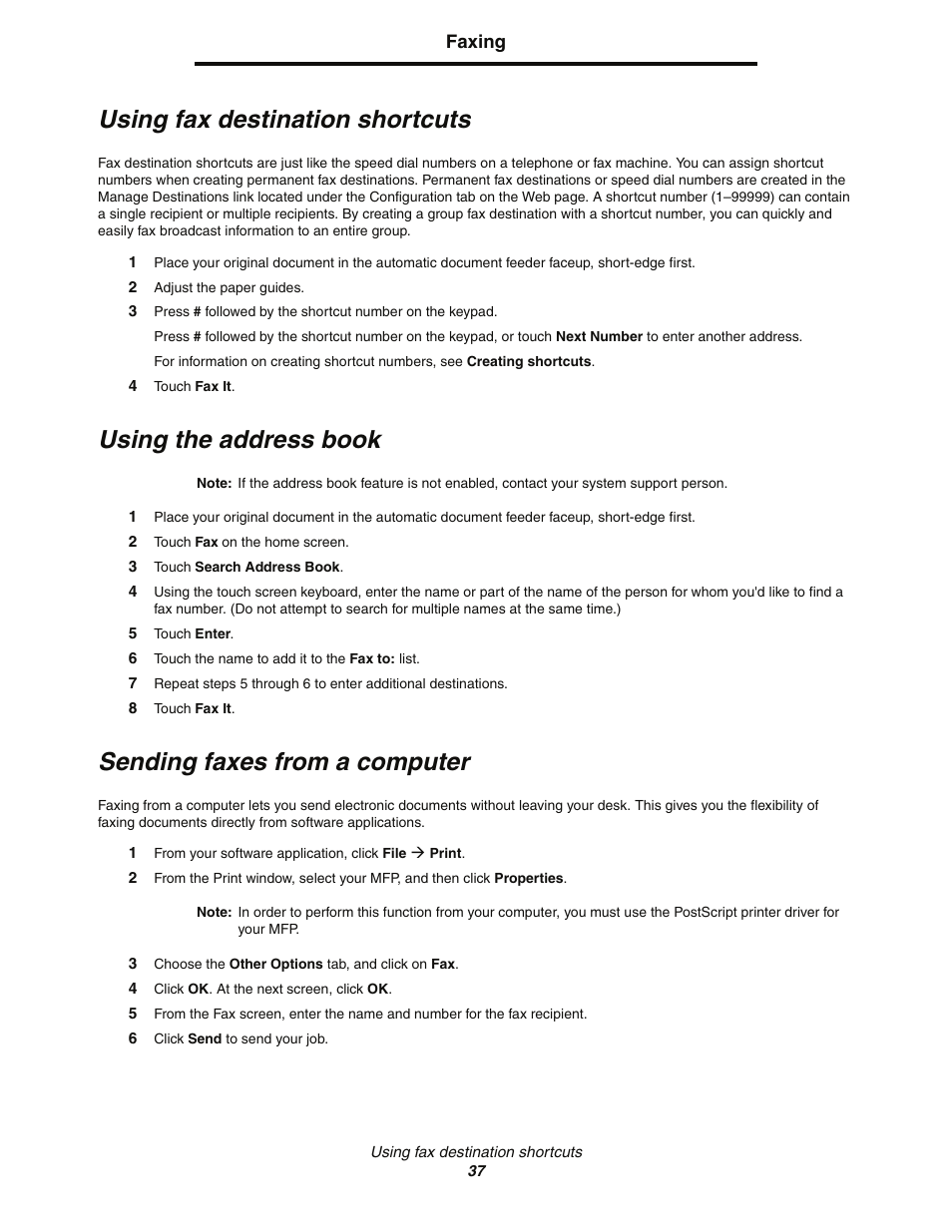 Using fax destination shortcuts, Using the address book, Sending faxes from a computer | Lexmark C77x User Manual | Page 37 / 114