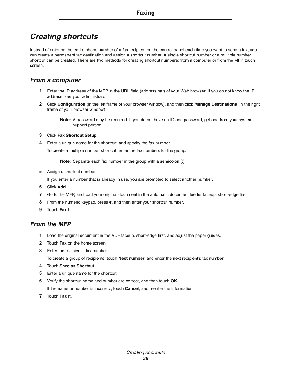 Creating shortcuts, From a computer, From the mfp | Lexmark C77x User Manual | Page 38 / 114