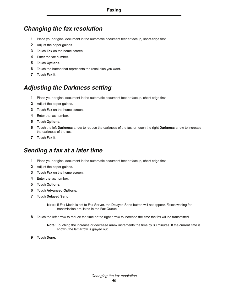 Changing the fax resolution, Adjusting the darkness setting, Sending a fax at a later time | Lexmark C77x User Manual | Page 40 / 114