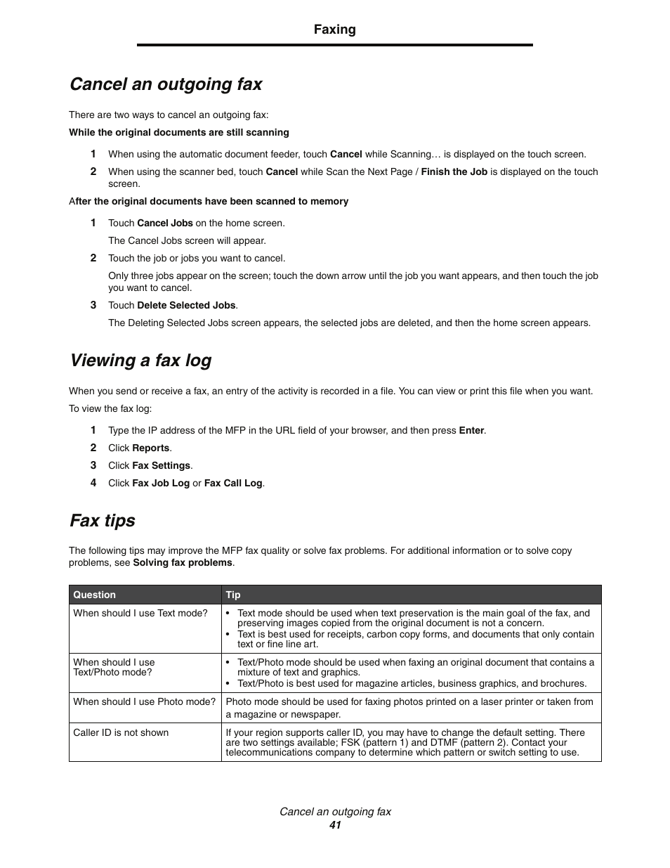 Cancel an outgoing fax, Viewing a fax log, Fax tips | Lexmark C77x User Manual | Page 41 / 114