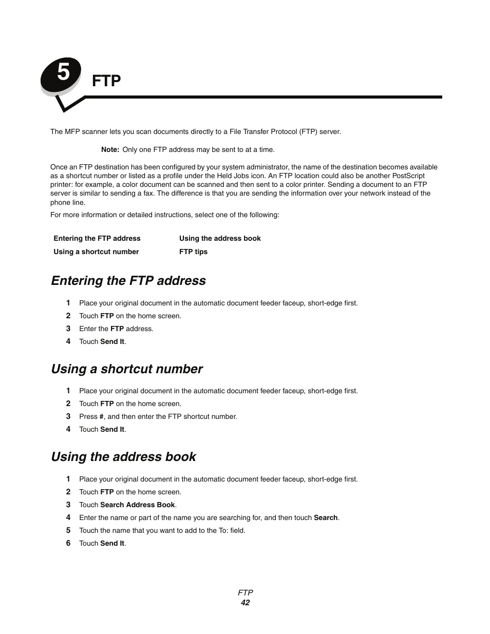 Entering the ftp address, Using a shortcut number, Using the address book | Chapter 5: ftp | Lexmark C77x User Manual | Page 42 / 114