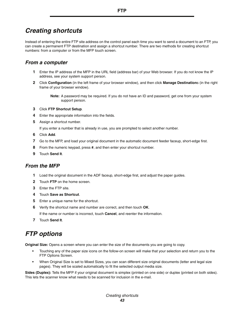 Creating shortcuts, From a computer, From the mfp | Ftp options | Lexmark C77x User Manual | Page 43 / 114