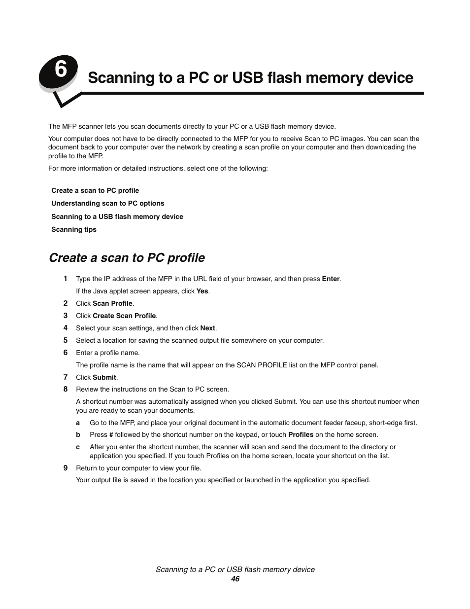 Scanning to a pc or usb flash memory device, Create a scan to pc profile | Lexmark C77x User Manual | Page 46 / 114