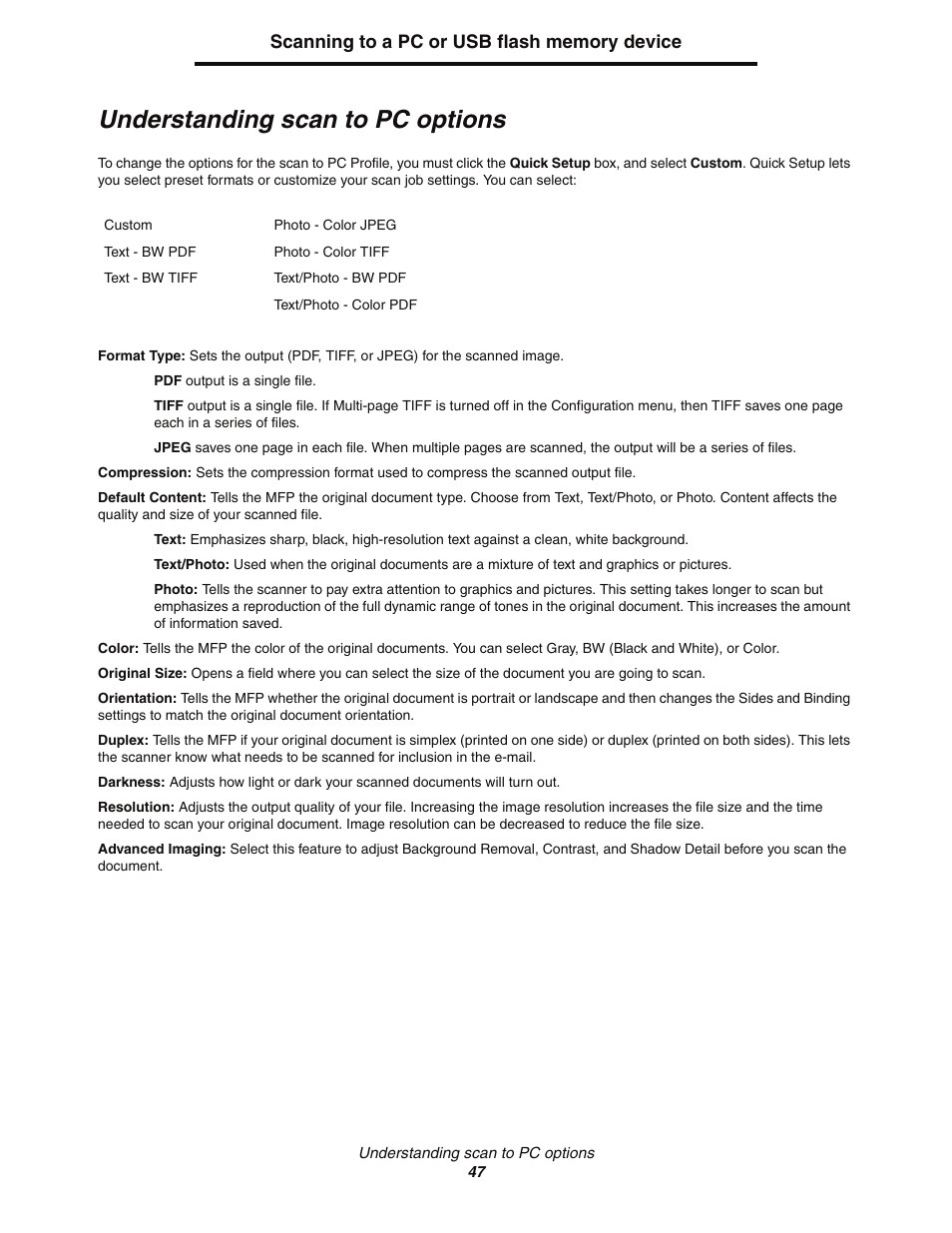 Understanding scan to pc options | Lexmark C77x User Manual | Page 47 / 114