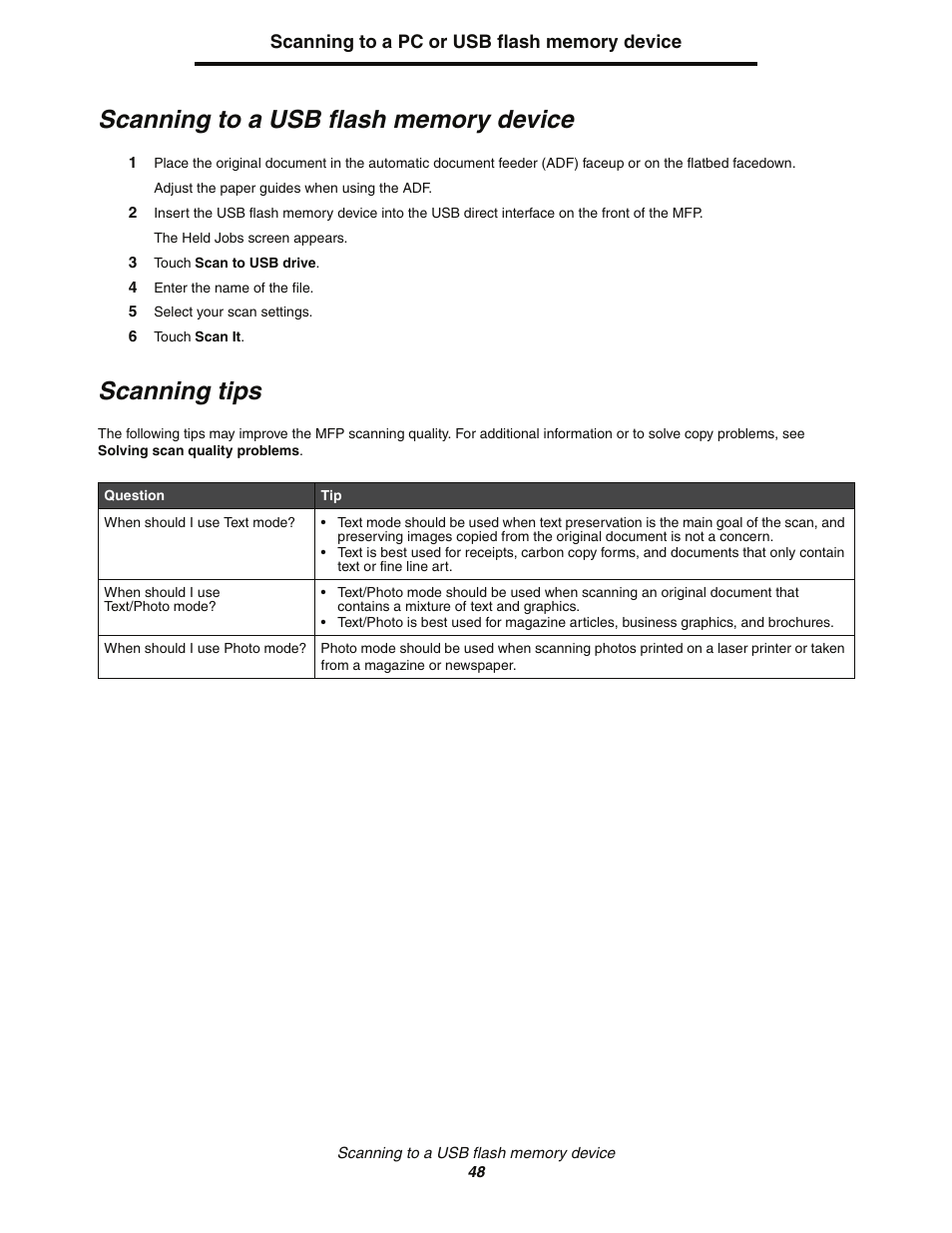 Scanning to a usb flash memory device, Scanning tips | Lexmark C77x User Manual | Page 48 / 114