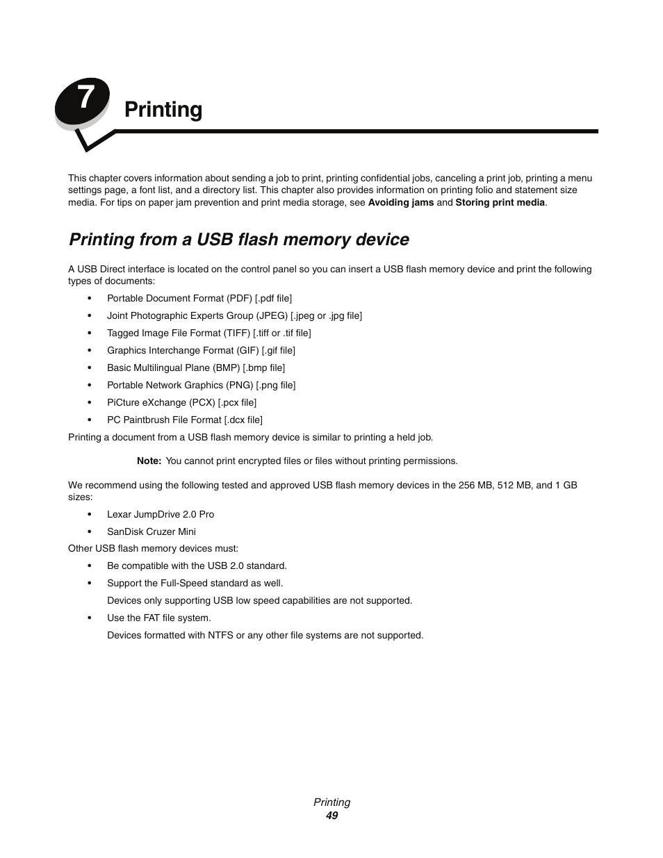 Printing, Printing from a usb flash memory device, Chapter 7: printing | Lexmark C77x User Manual | Page 49 / 114