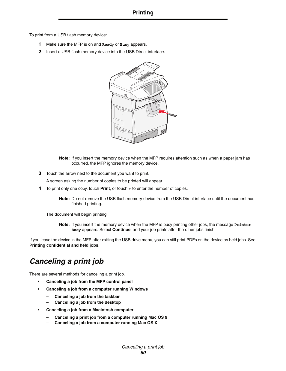 Canceling a print job, Printing | Lexmark C77x User Manual | Page 50 / 114