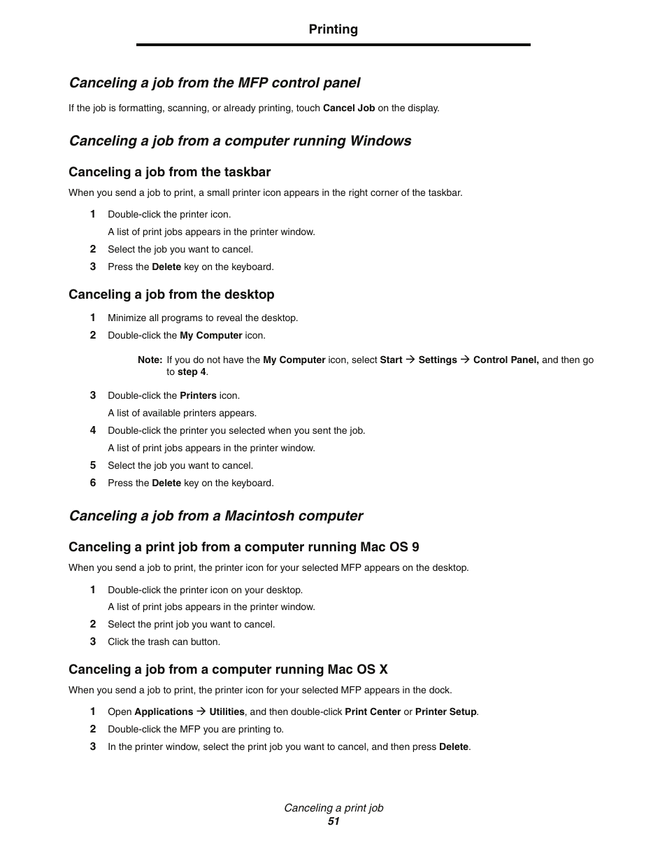 Canceling a job from the mfp control panel, Canceling a job from a computer running windows, Canceling a job from a macintosh computer | Canceling a job from the taskbar, Canceling a job from the desktop, Canceling a job from a computer running mac os x | Lexmark C77x User Manual | Page 51 / 114