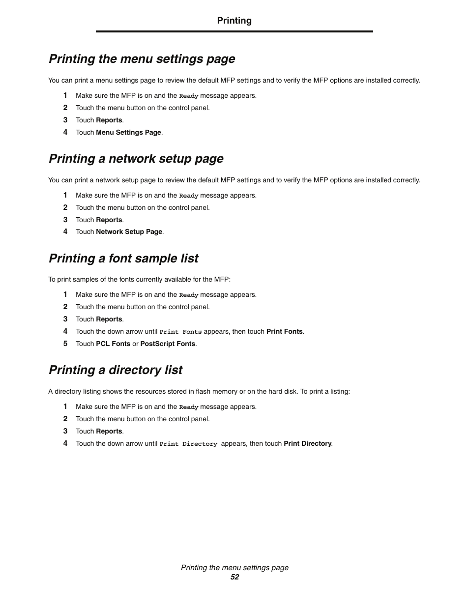 Printing a font sample list, Printing a directory list, Printing the menu settings page | Printing a network setup page | Lexmark C77x User Manual | Page 52 / 114