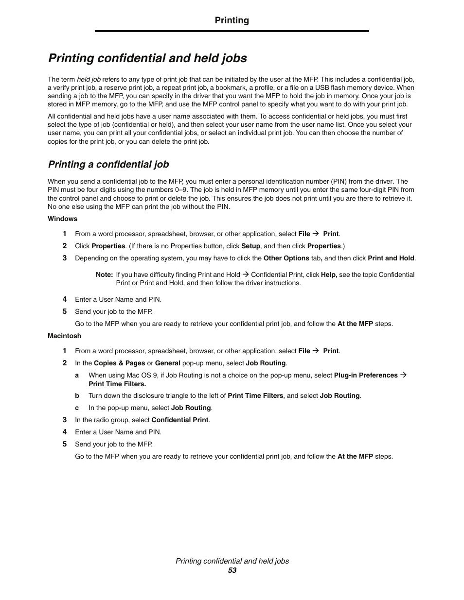 Printing confidential and held jobs, Printing a confidential job | Lexmark C77x User Manual | Page 53 / 114