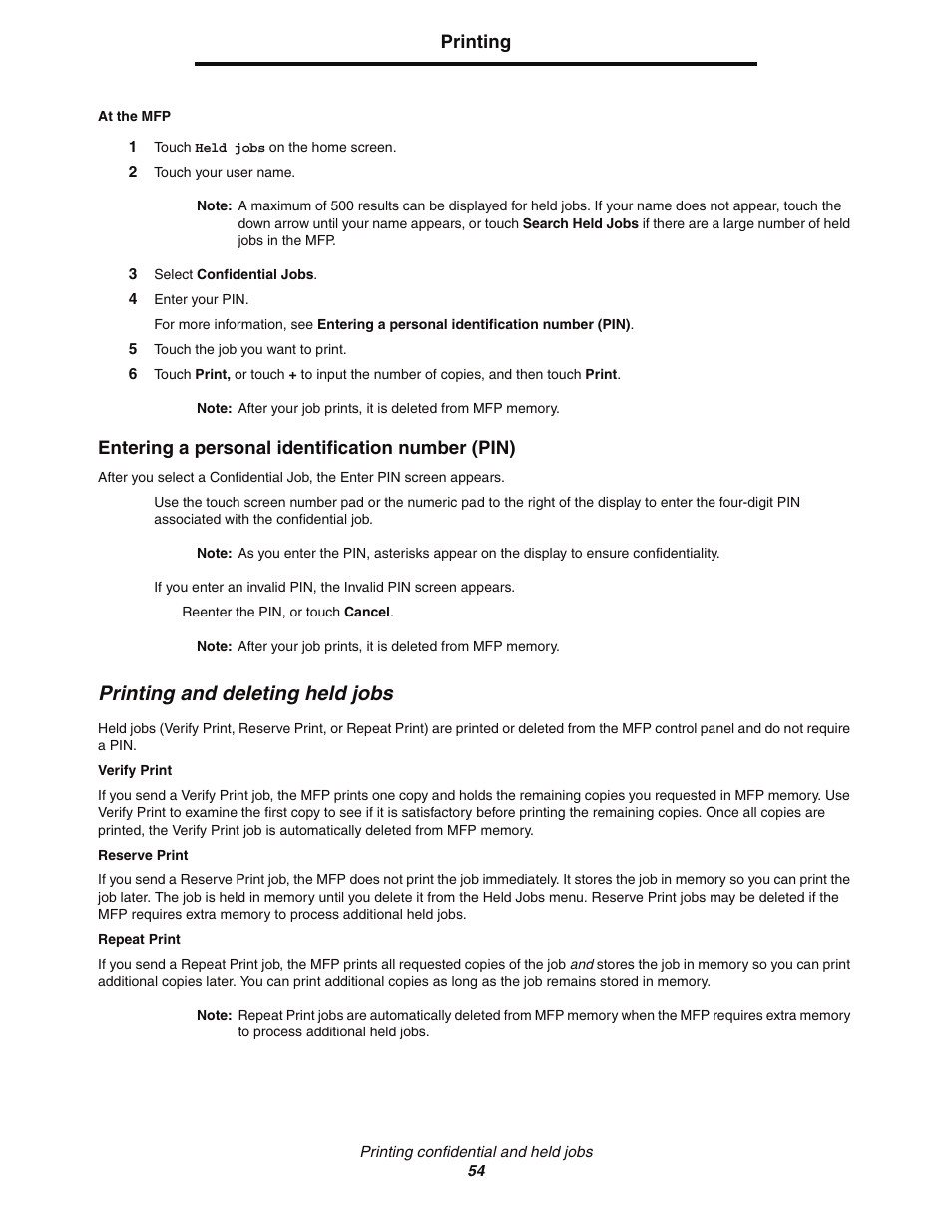 Printing and deleting held jobs | Lexmark C77x User Manual | Page 54 / 114