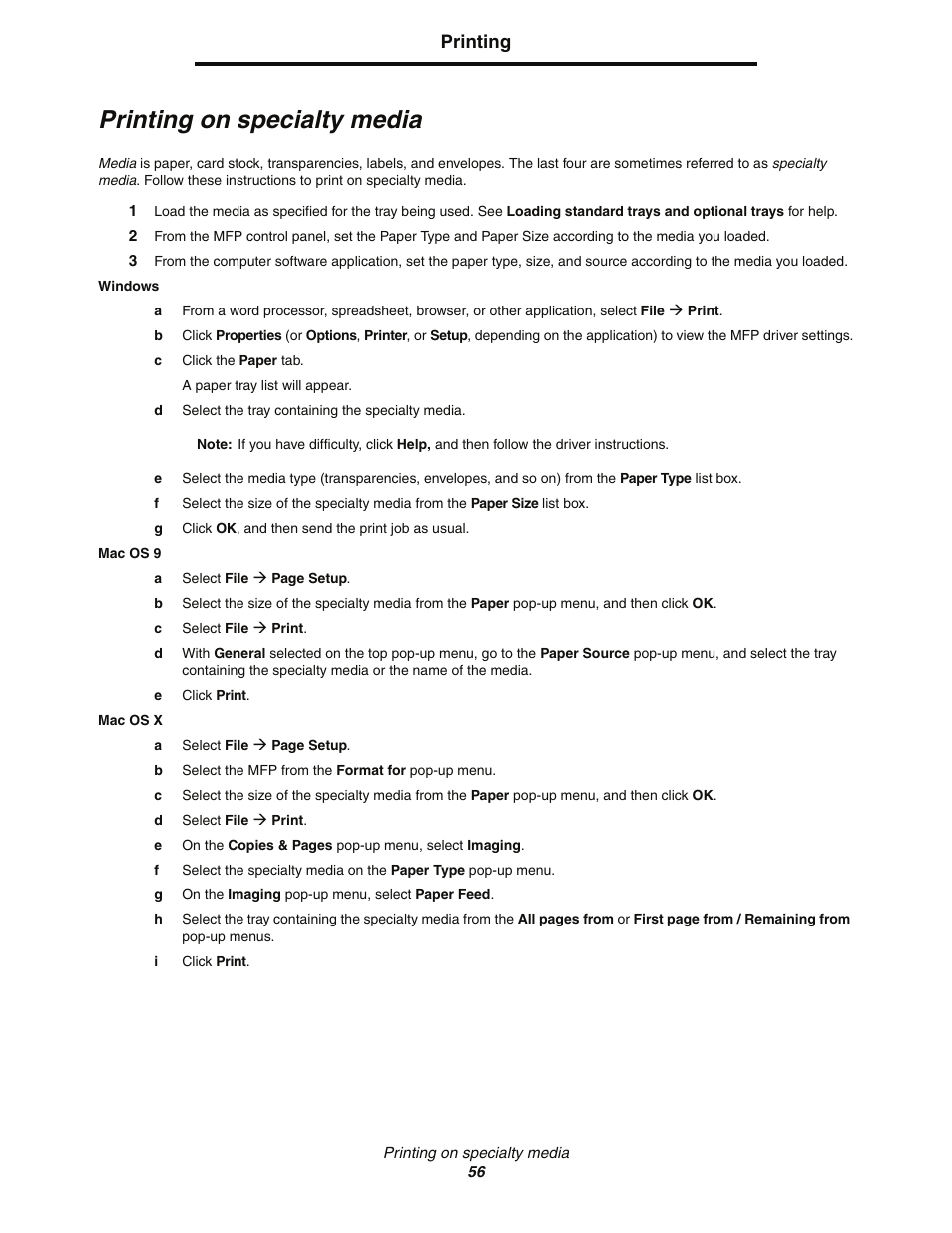 Printing on specialty media, Printing | Lexmark C77x User Manual | Page 56 / 114